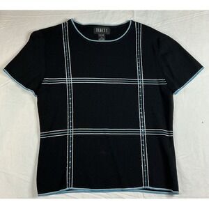 Vintage Finity Black Knit Top Blue Trim Y2K Geometric Short Sleeve Sweater Large